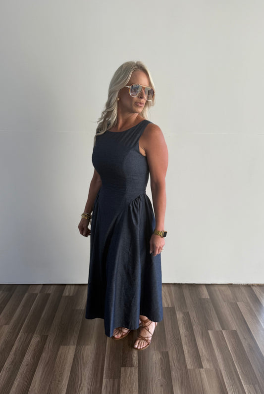 Sleeveless Chambray Fit & Flare Midi Dress