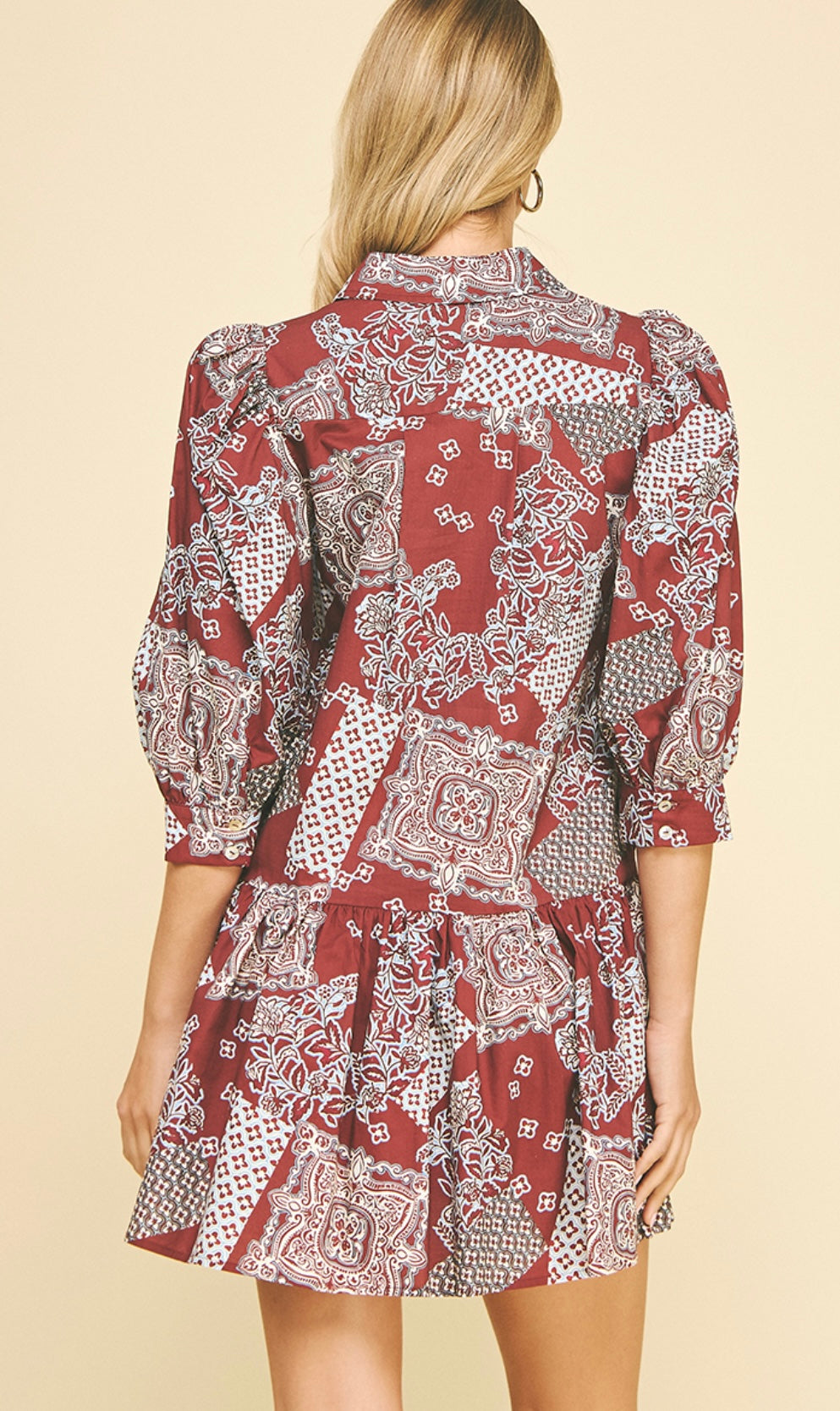 Burgundy Printed Tiered Mini Dress