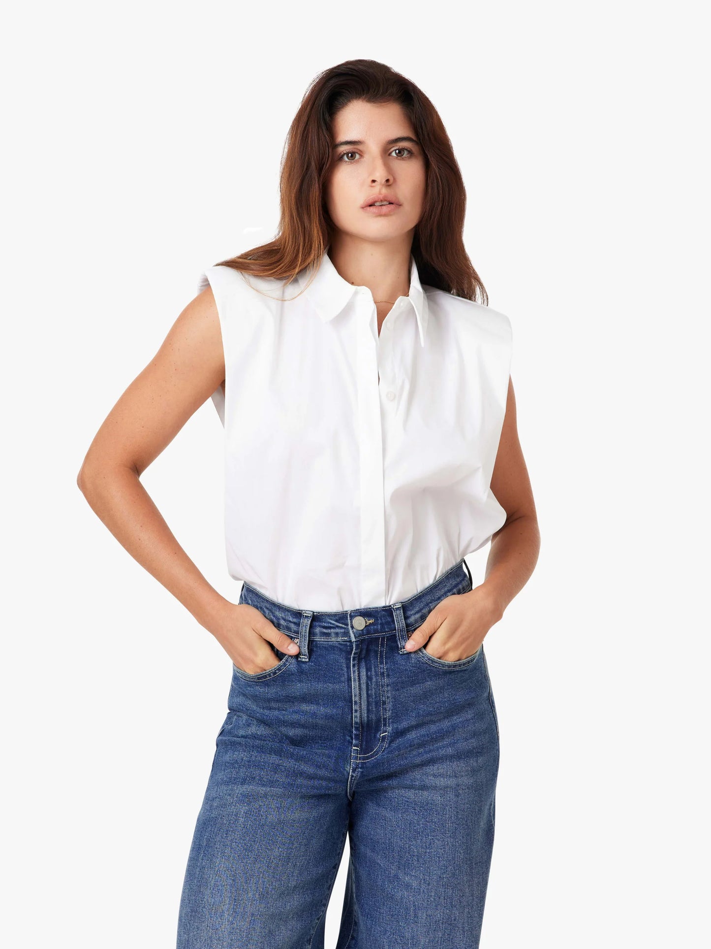 Sleeveless Shoulder Pad Shirt - White