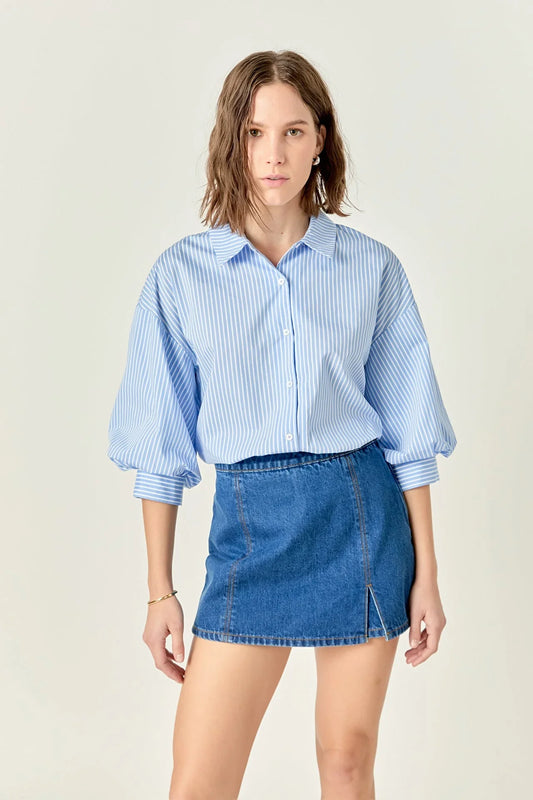 Blue/White Striped Balloon Sleeve Shirt