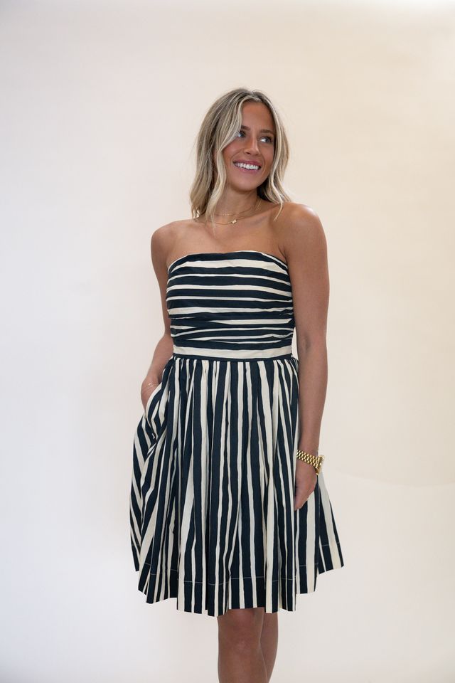 Striped Strapless Flare Mini Dress - Black