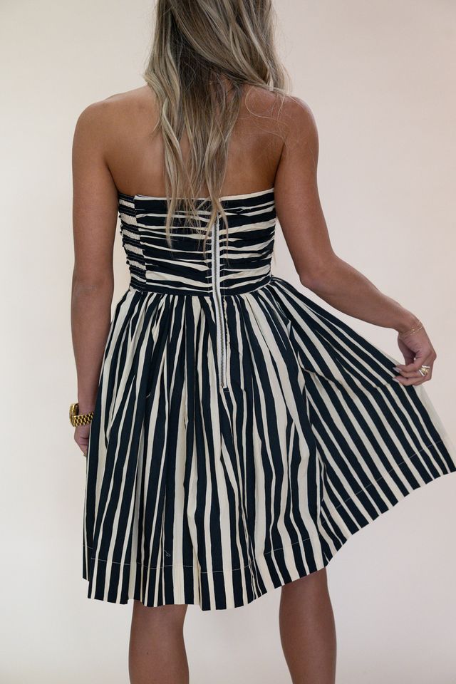 Striped Strapless Flare Mini Dress - Black