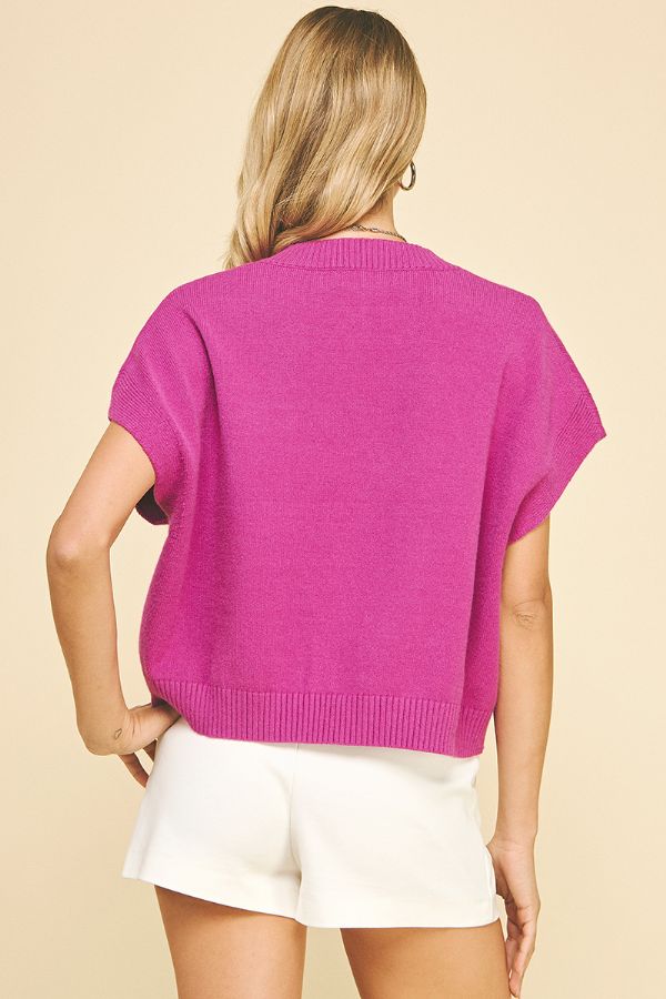 V-Neck Cap Sleeve Sweater - Rose Pink