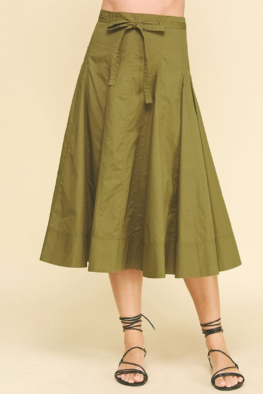 Khaki Pleated Midi Skirt with Tie