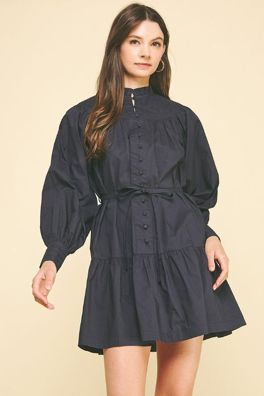 Mock Neck Button Down Mini Dress - Ink