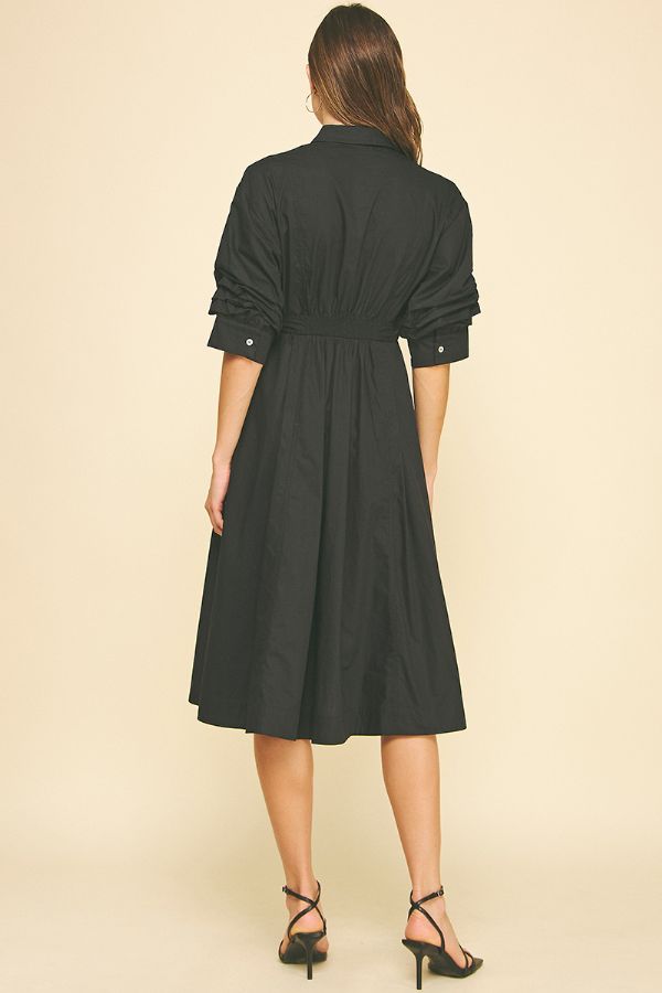 Button Down Midi Dress w/Tucked Sleeve - Ink