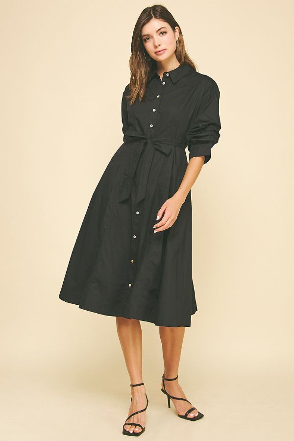 Button Down Midi Dress w/Tucked Sleeve - Ink