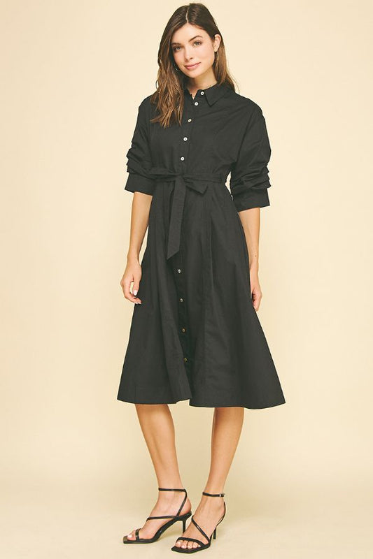 Button Down Midi Dress w/Tucked Sleeve - Ink
