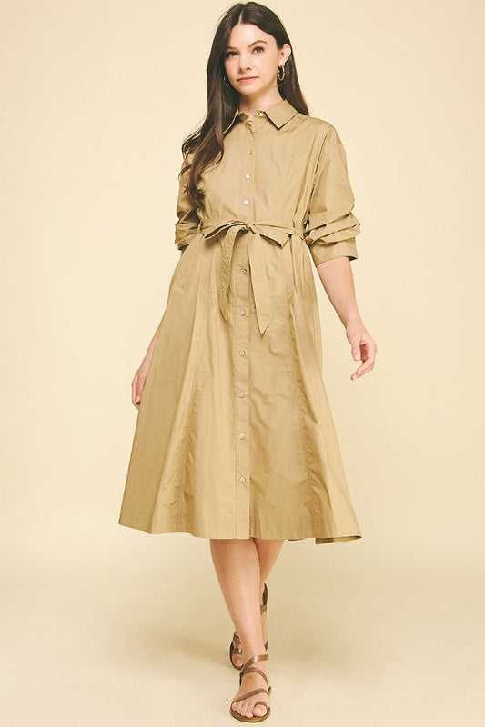 Button Down Midi Dress w/Tucked Sleeve - Khaki