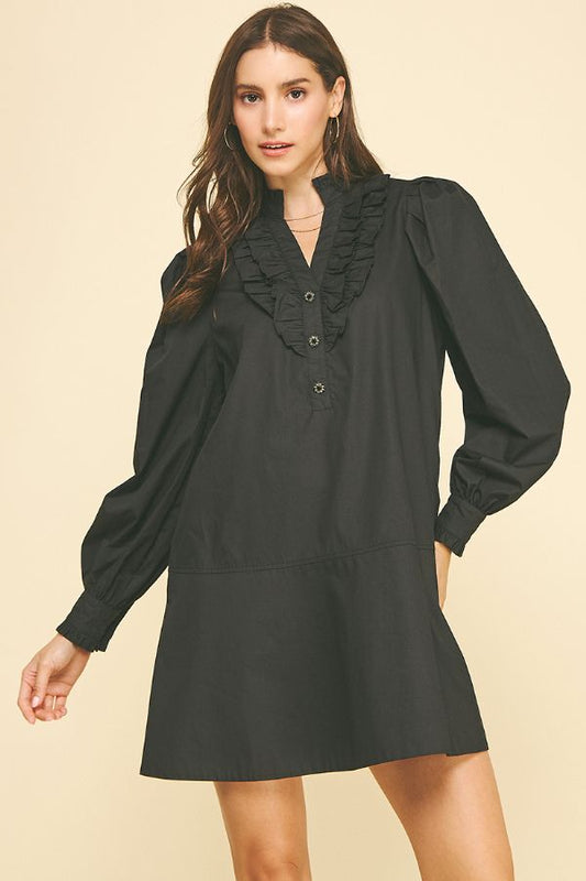 Ruffled Detail Mini Dress - Black