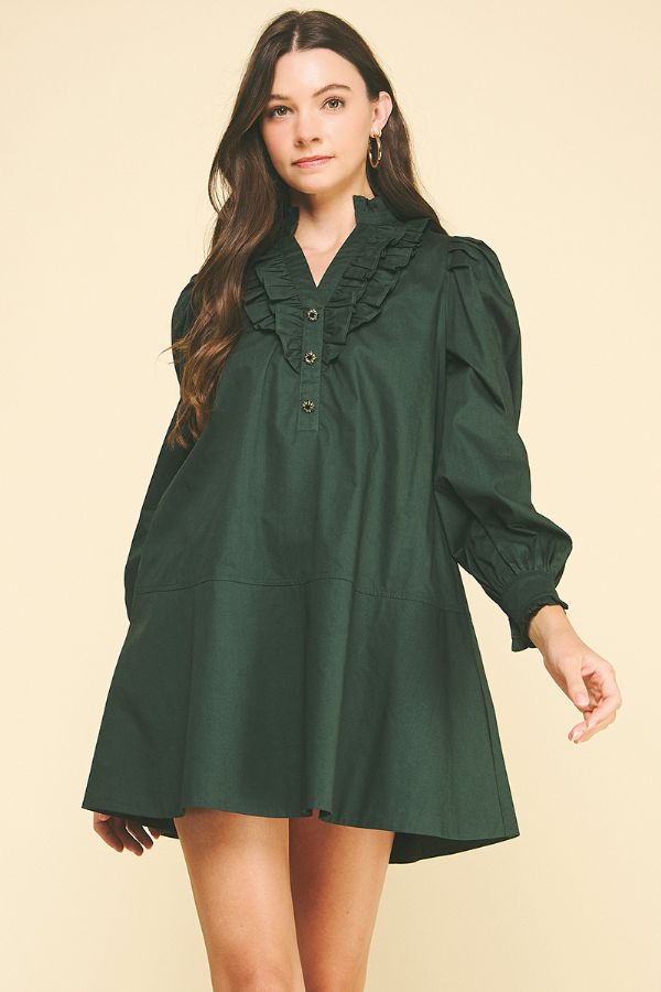 Ruffled Detail Mini Dress - Deep Green