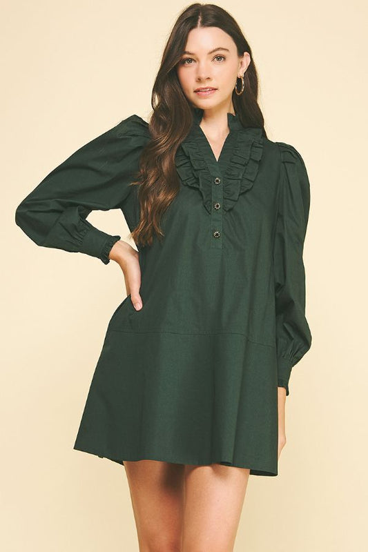 Ruffled Detail Mini Dress - Deep Green