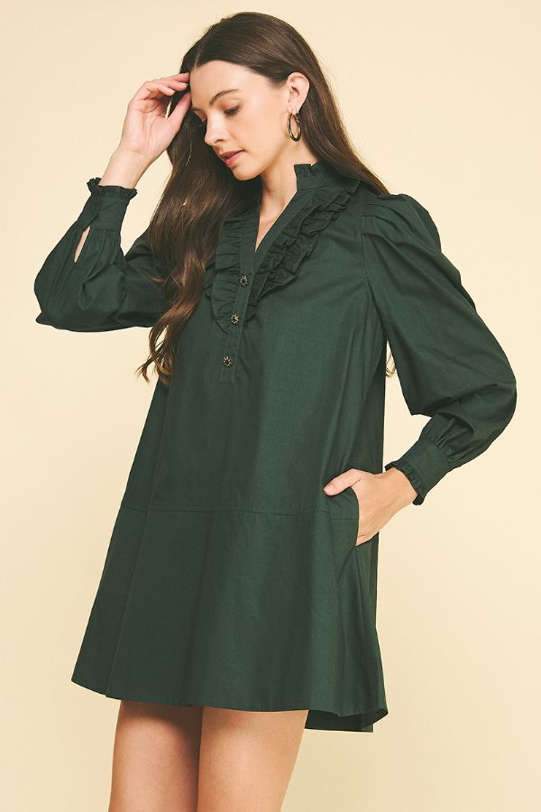 Ruffled Detail Mini Dress - Deep Green