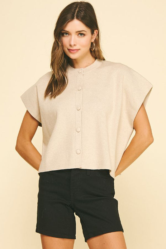 Button Down Cap Sleeve Sweater - Oatmeal