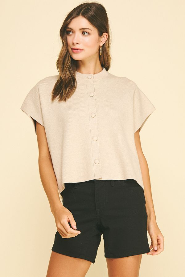 Button Down Cap Sleeve Sweater - Oatmeal