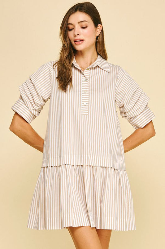 Stripe Button Down Mini Dress - Khaki