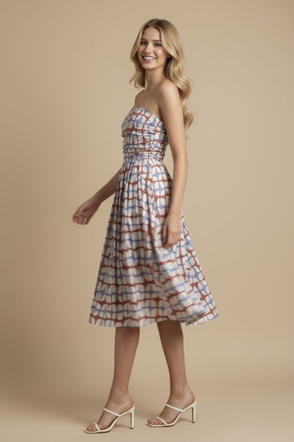 Geometric Print Midi Dress - Red/Blue