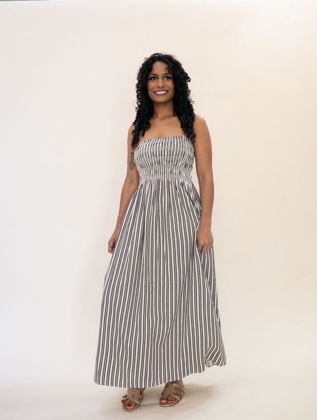 Bianca Shirred Bodice Dress - Java Stripe