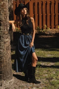 Mock Neck Sleeveless Midi Dress - Denim/Black