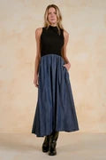 Mock Neck Sleeveless Midi Dress - Denim/Black