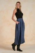 Mock Neck Sleeveless Midi Dress - Denim/Black