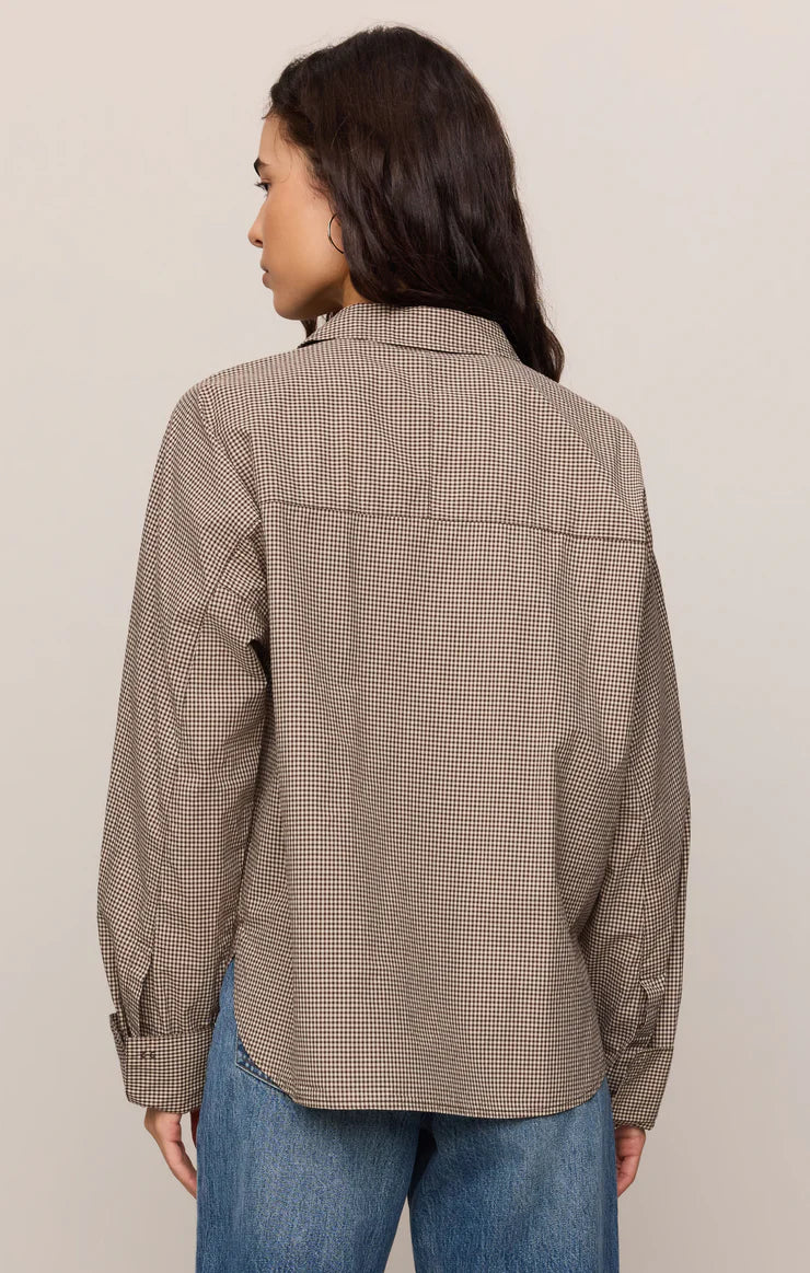 On Duty Gingham Button Up Top - Dark Choc