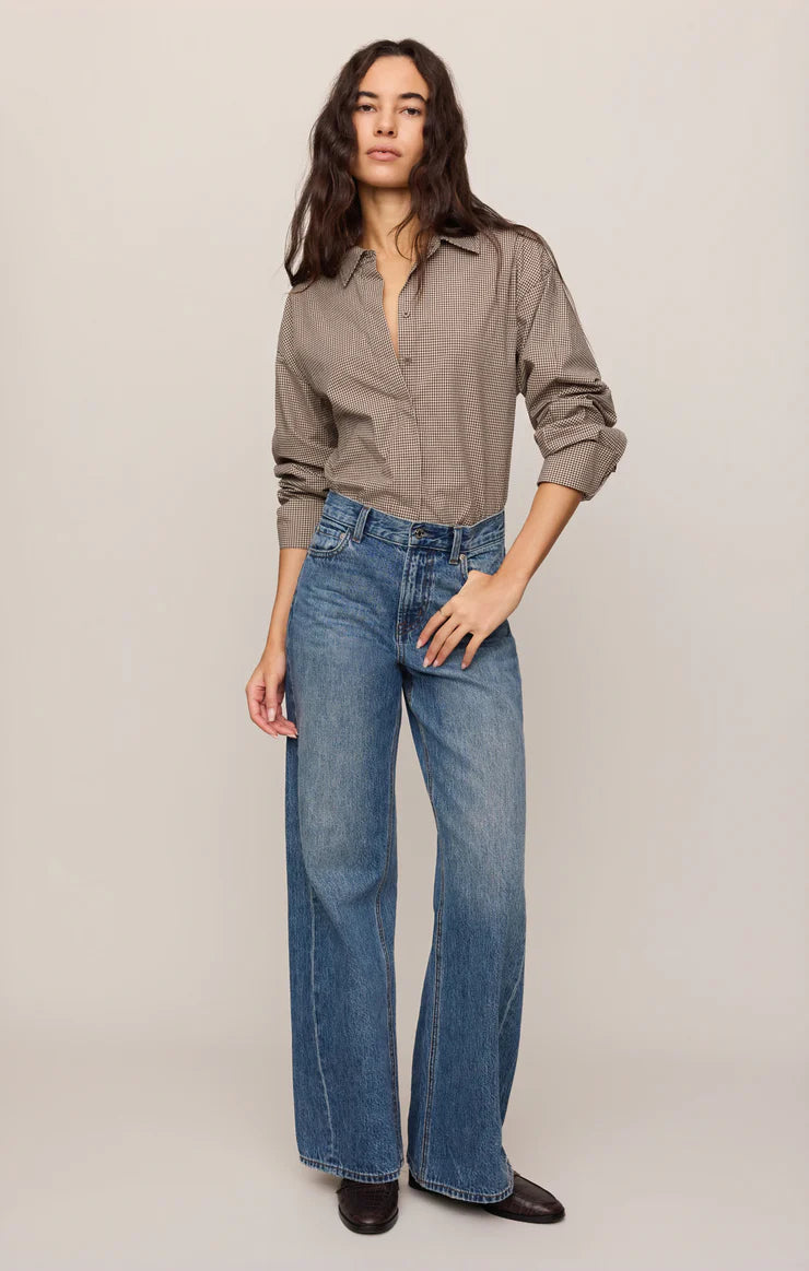 On Duty Gingham Button Up Top - Dark Choc