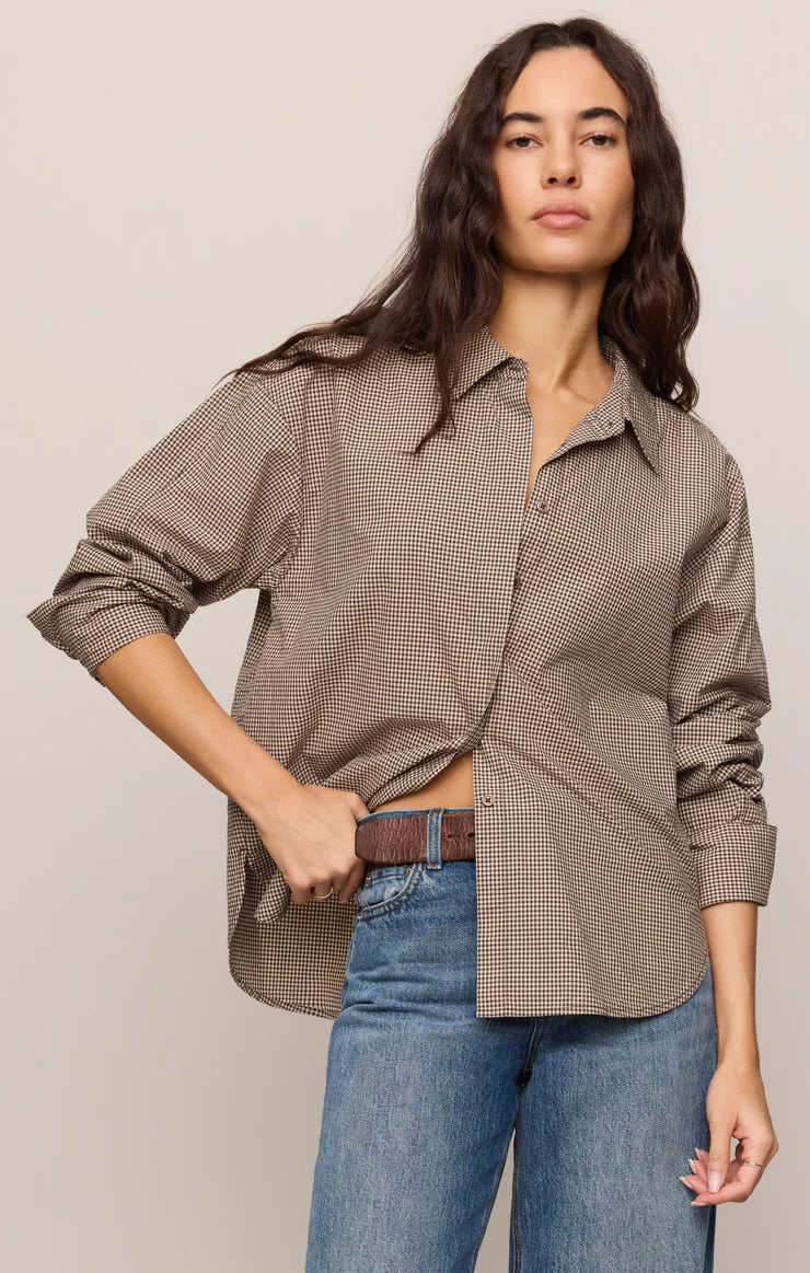 On Duty Gingham Button Up Top - Dark Choc