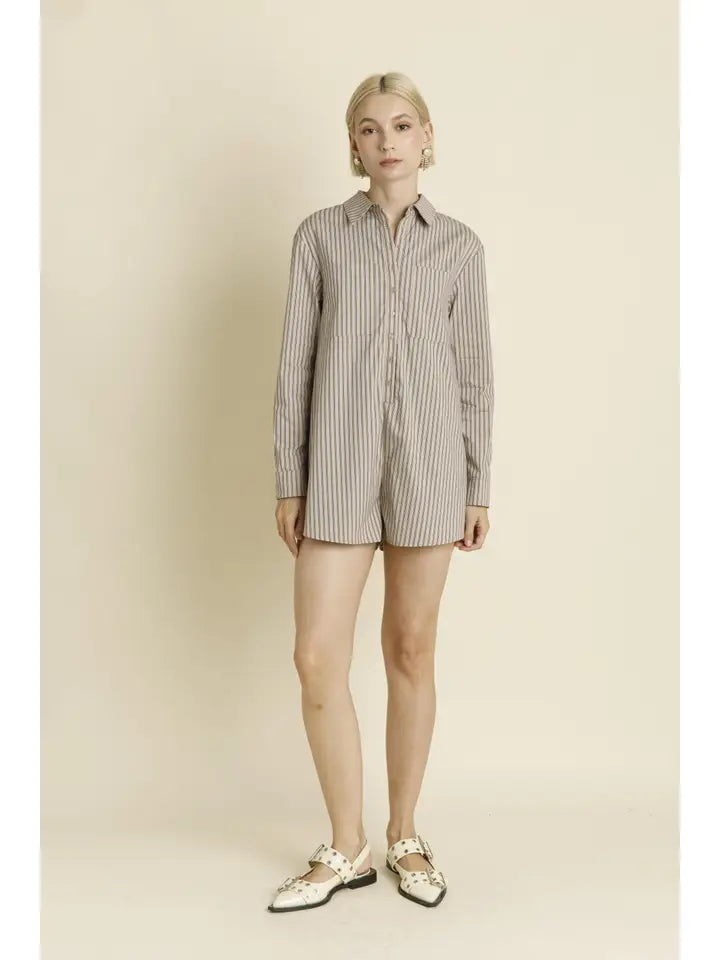 Tan/Navy Oversized Striped Shirt Romper