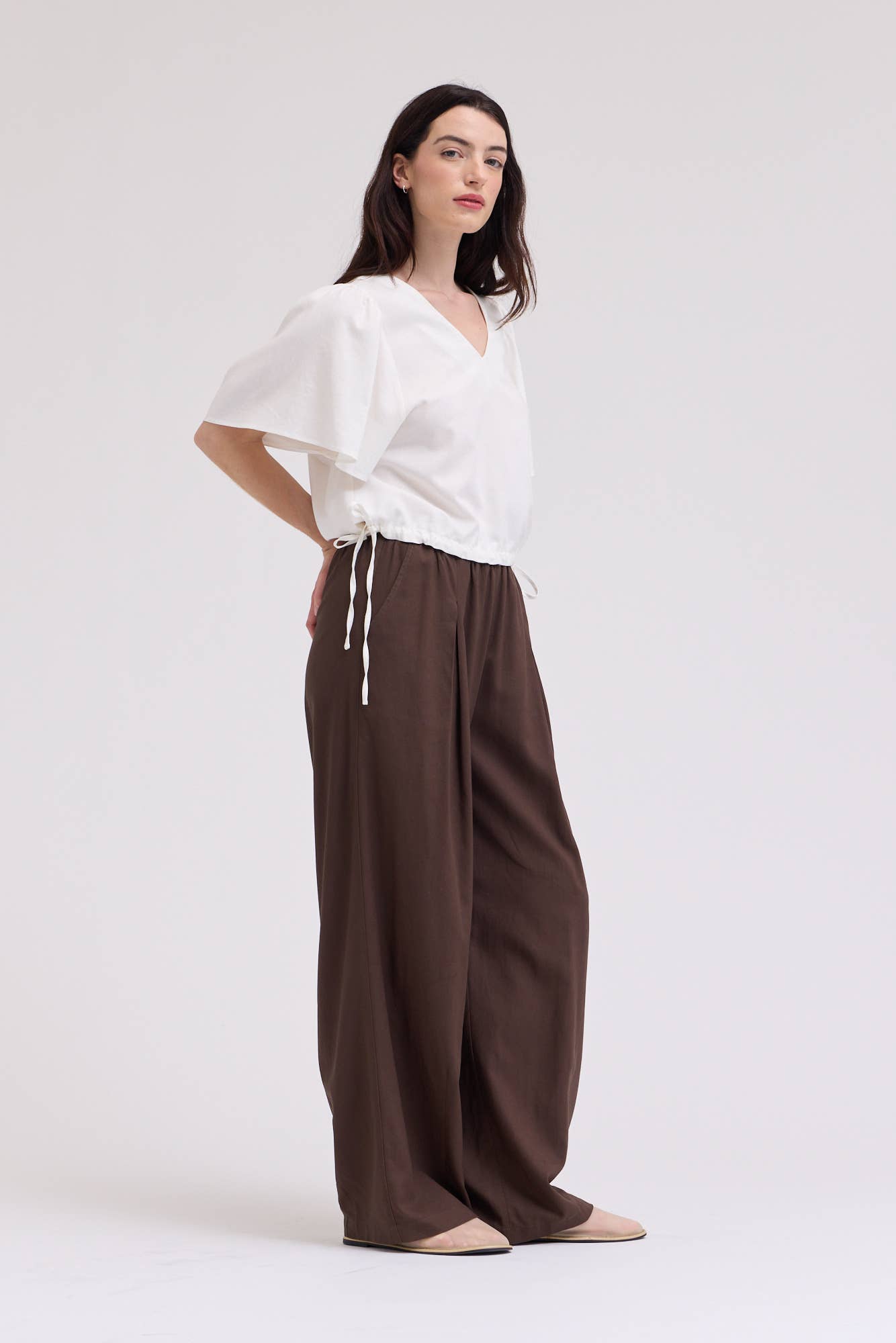 DRAWSTRING LINEN BLEND BLOUSE
