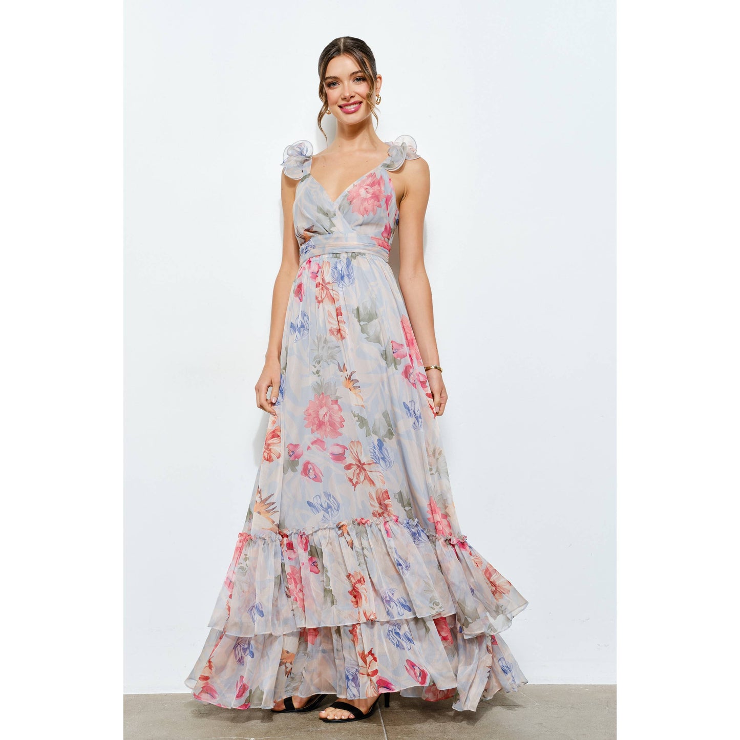 Ruffled Shoulder Floral Chiffon Tiered Maxi Dress