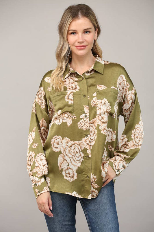 Olive Floral Button Down Shirt