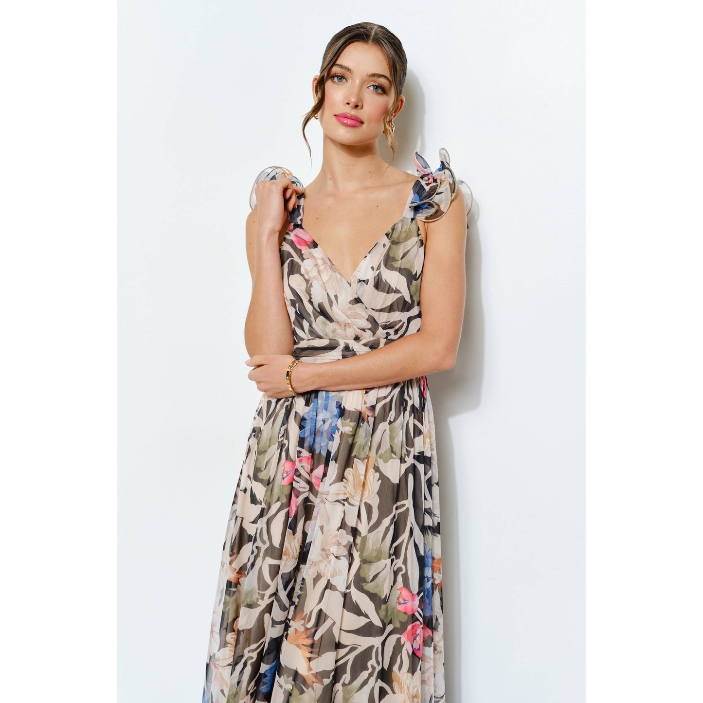 Ruffled Shoulder Floral Chiffon Tiered Maxi Dress