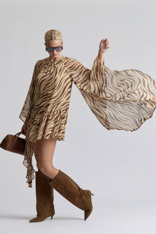 Waterfall Sleeve Zebra Print Crinkle Georgette Mini Dress