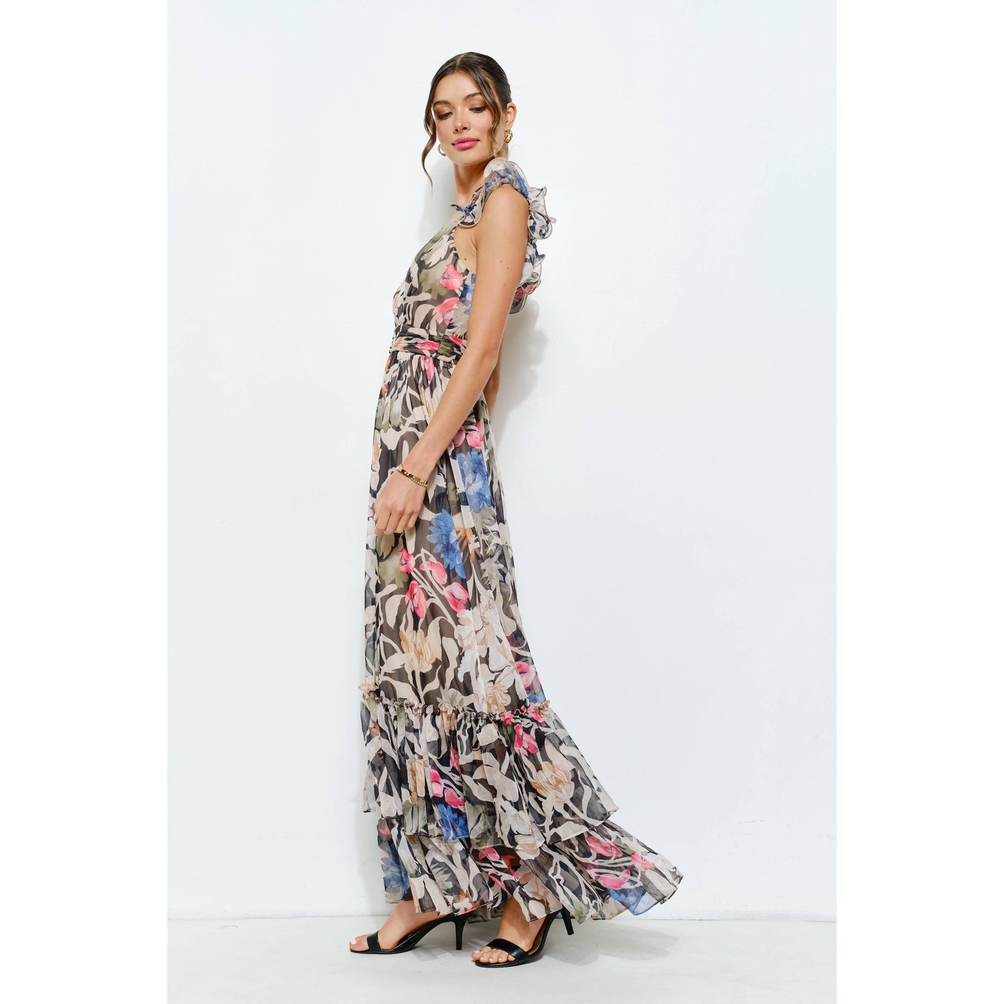 Ruffled Shoulder Floral Chiffon Tiered Maxi Dress