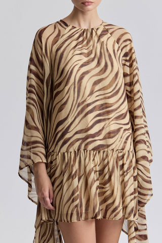 Waterfall Sleeve Zebra Print Crinkle Georgette Mini Dress