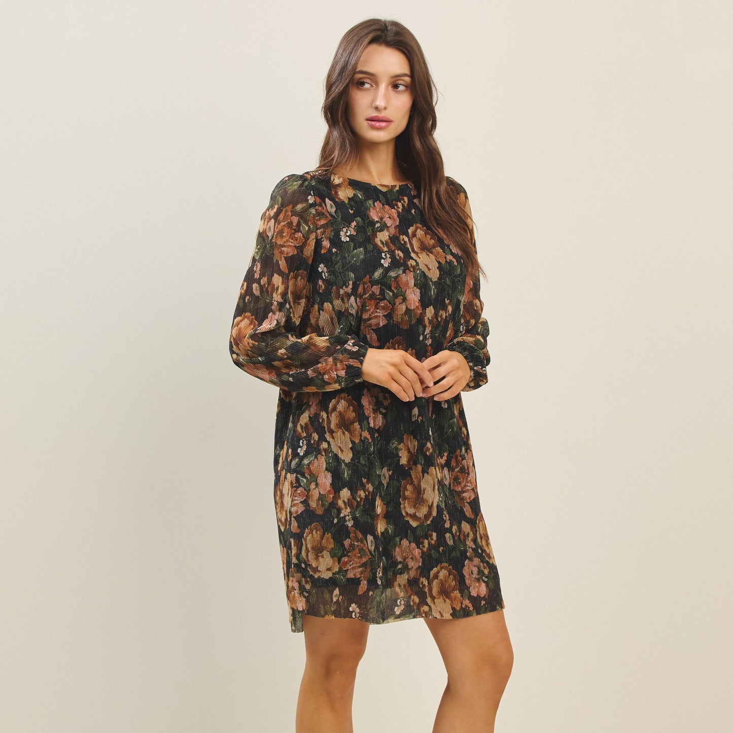 Metallic floral print mini dress