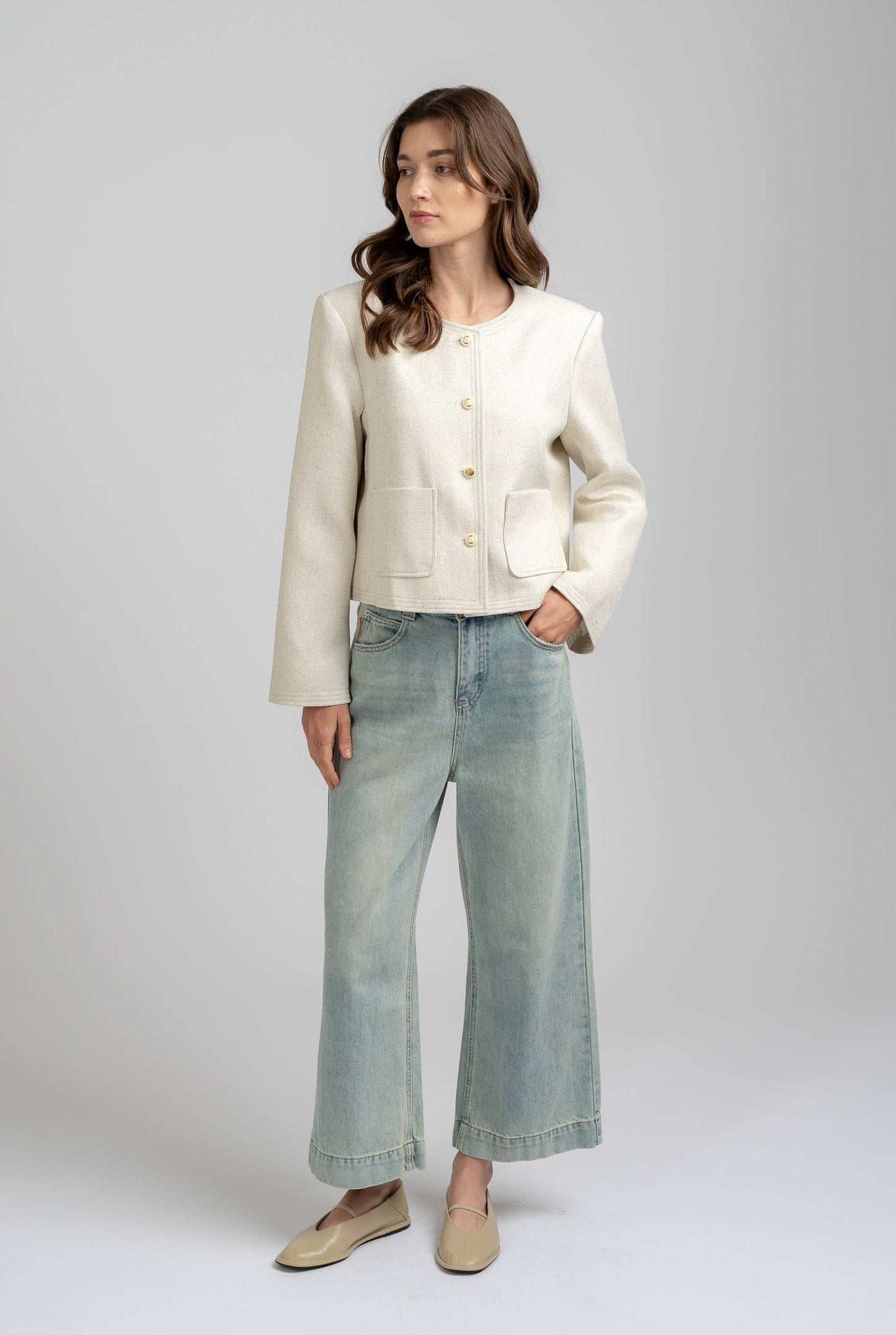 CREW-NECK TWEED JACKET - Ivory