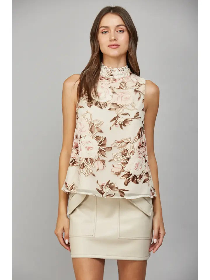 Floral Sleeveless Top w/Scalloped Neck Detail