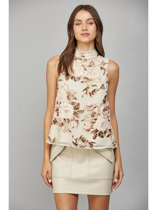 Floral Sleeveless Top w/Scalloped Neck Detail