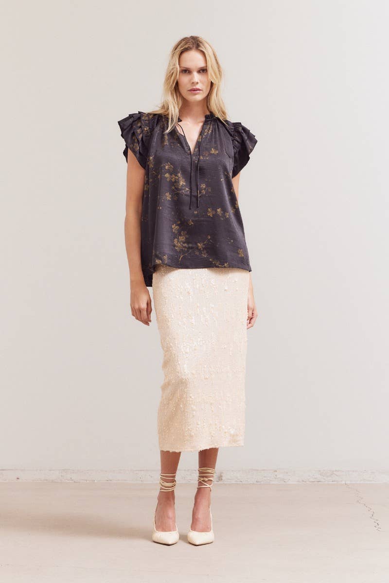 Black Floral Printed Top w/Ruffles