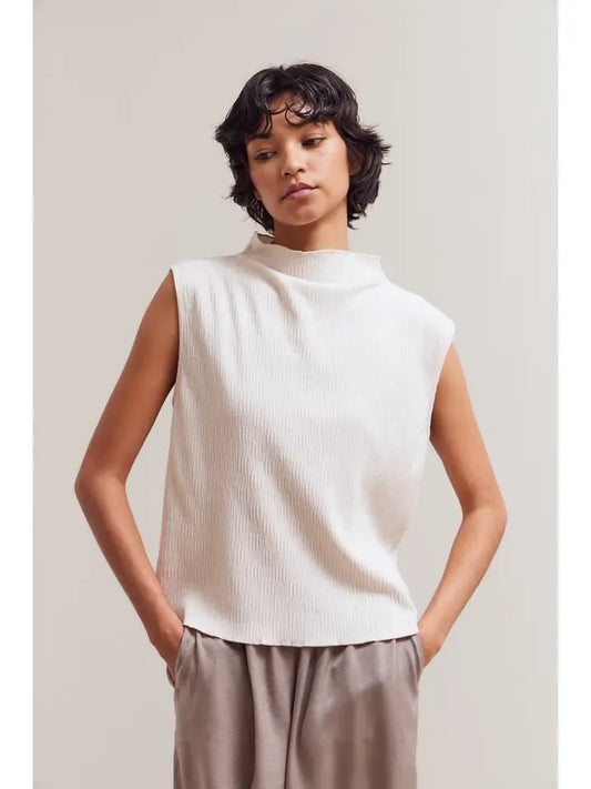 Ivory Crinkled Velvet Mock Neck Top