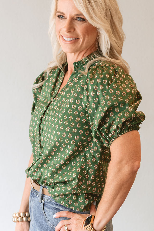 Olive Floral Puffed Sleeve Top