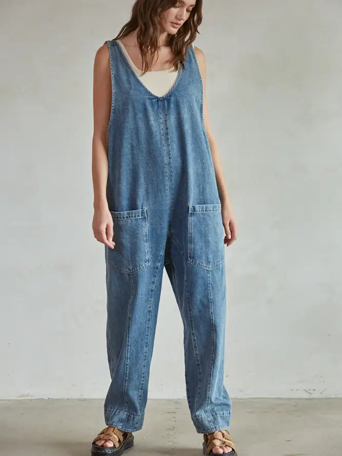 Denim Scoop Neck  Wide Leg Overall
