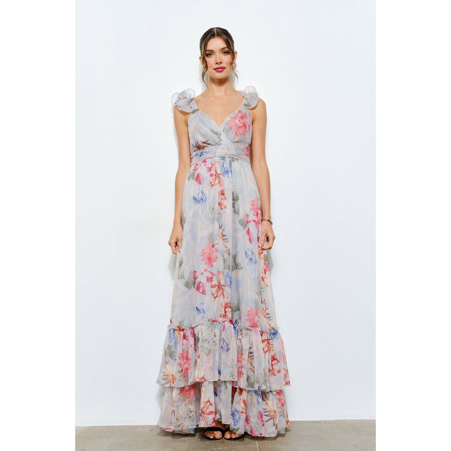 Ruffled Shoulder Floral Chiffon Tiered Maxi Dress