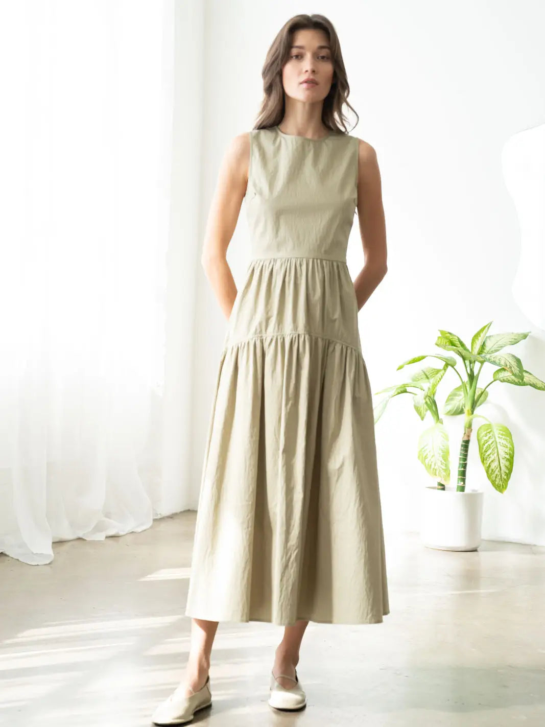 Sleeveless Tiered Dress w/Back Ruched Detail