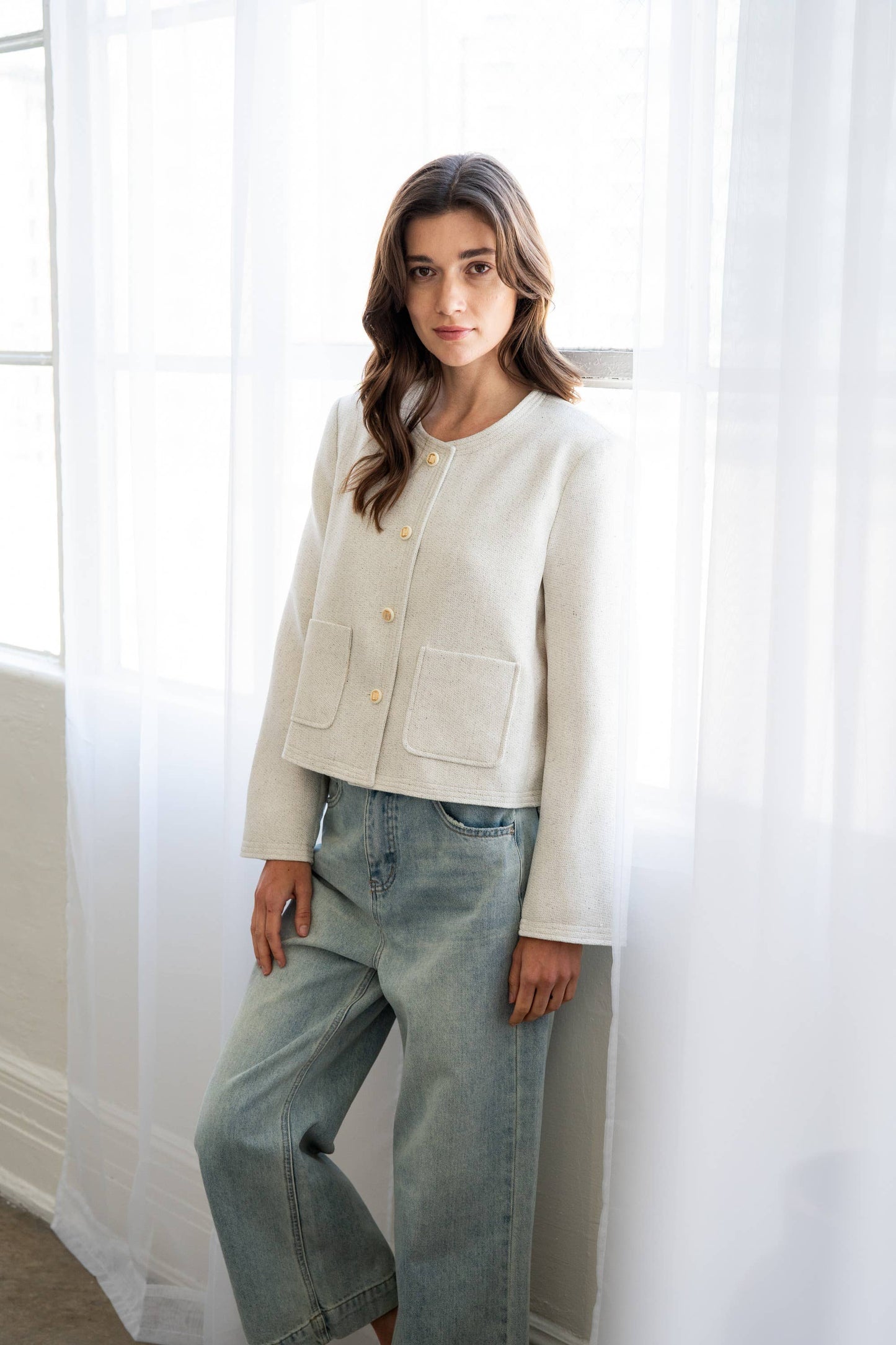 CREW-NECK TWEED JACKET - Ivory