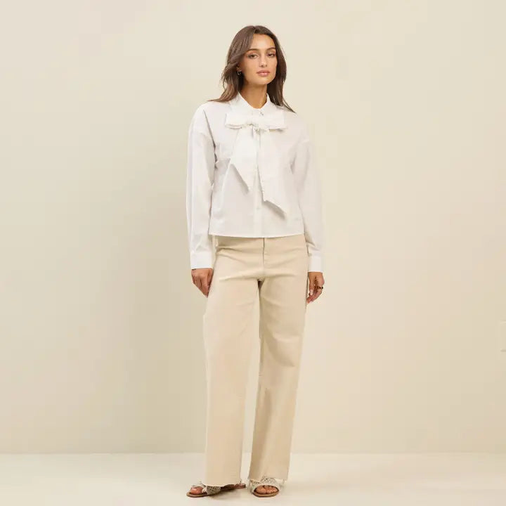 White Ruffle Ribbon Button Down Top