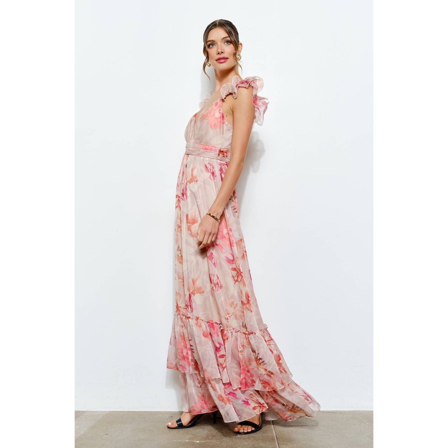 Ruffled Shoulder Floral Chiffon Tiered Maxi Dress