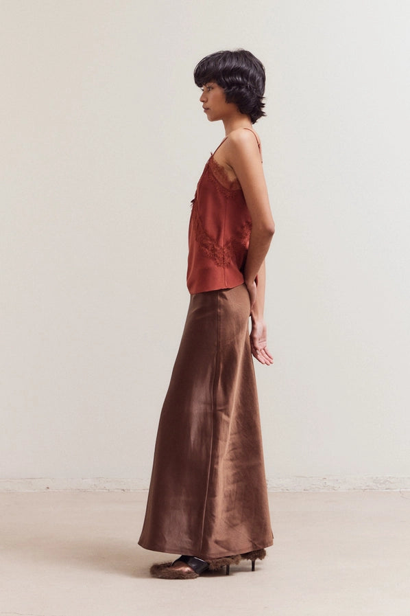 Long Satin Skirt - Chocolate